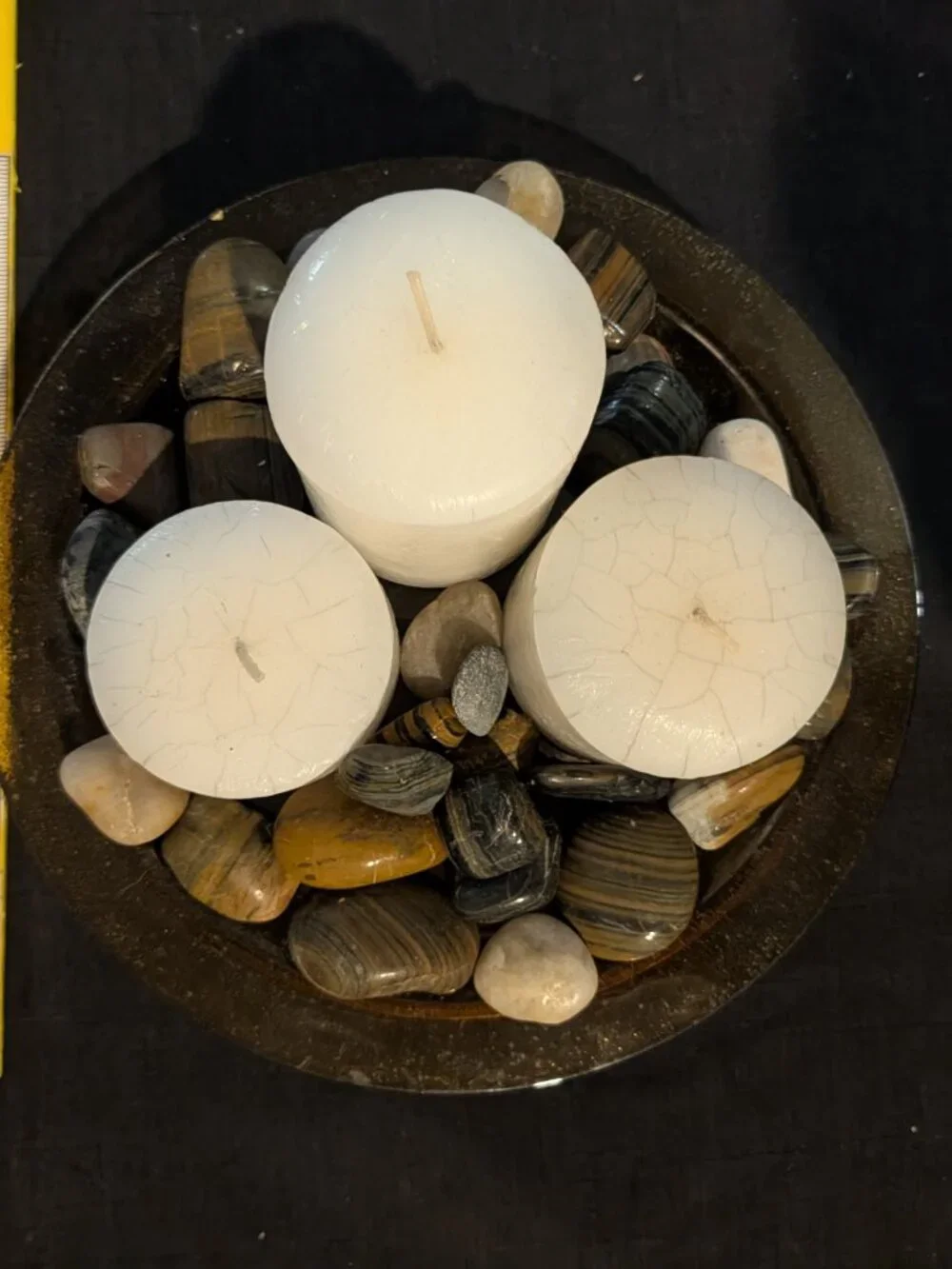 Zen River Rock Glass Bowl Candle Centerpiece with Metal Stand – White, Gray &